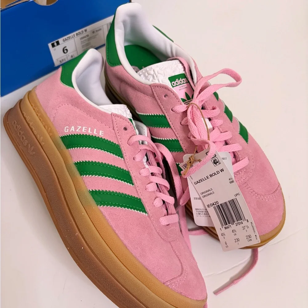 adidas Gazelle Bold Sneakers in Pink Suede with Green Stripes - Size 6 - Picture 5 of 15